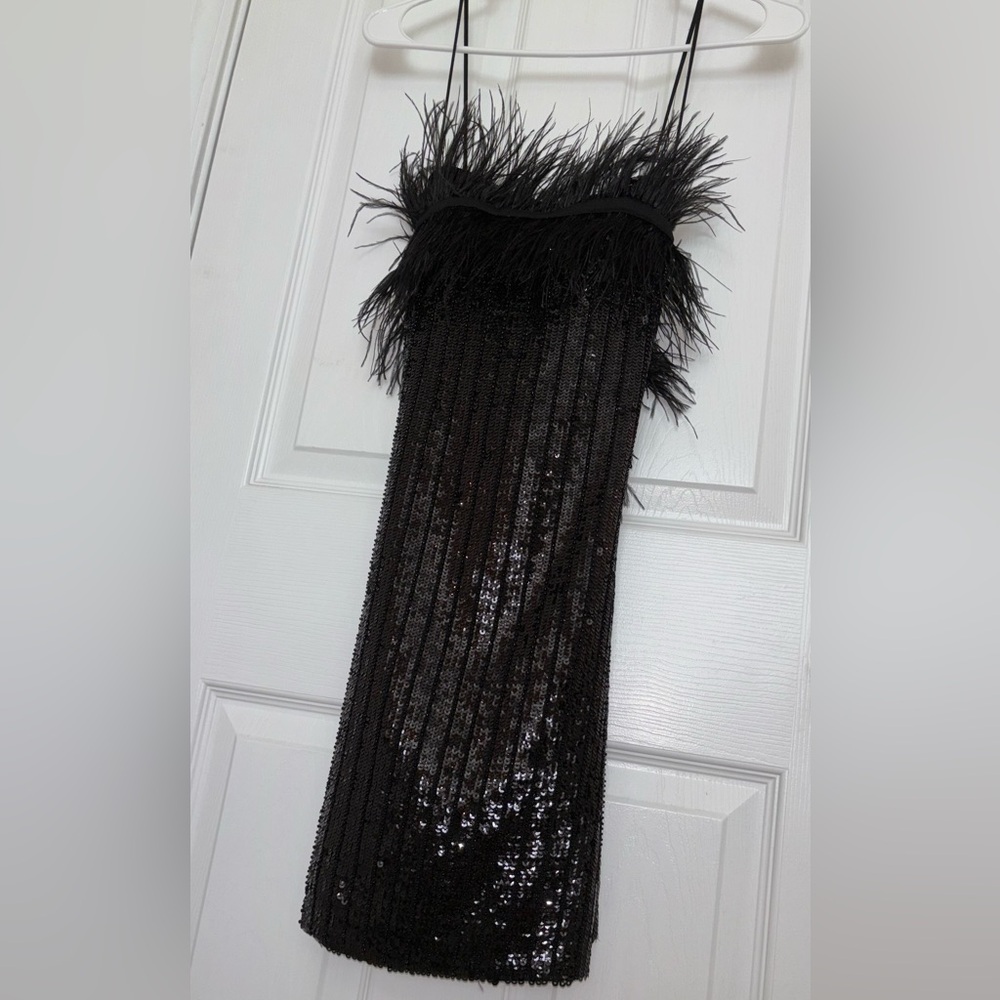 X by NBD Revolve Black Sequin Feather Mini Dress Size Small